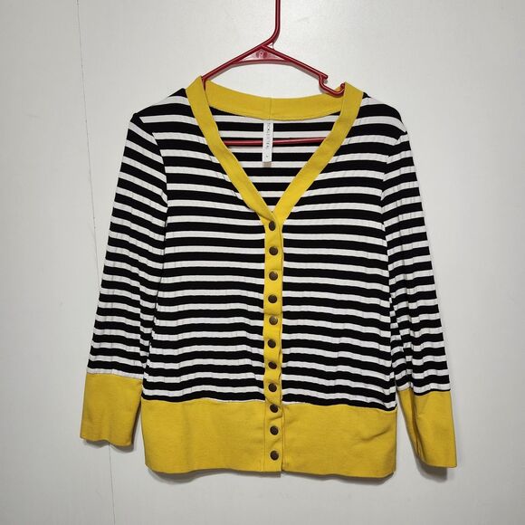 Sweaters - Tickled Teal Striped Snap Front Cardigan Black White Yellow Hipster M (Small)